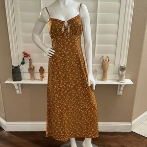 The Workshop Floral Ribbon Tie Neck Midi Dress Brown Multi